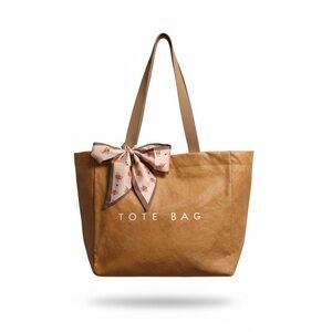 Elegant Golden Brown Tote Bag with Bow Accent Fabric Inside Vinyl